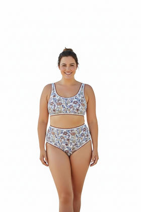 Bikini blanco con borde tejido en rojo, cordón ajustable por detrás y flores de tonalidades rojas - 0