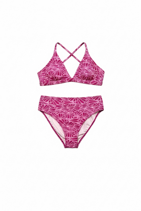 Bikini rosa con tirante cruzado y ajuste trasero semicorset