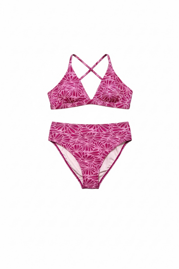 Bikini rosa con tirante cruzado y ajuste trasero semicorset