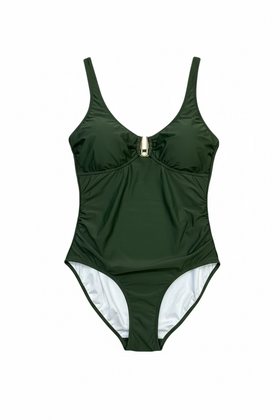 Traje de baño de una pieza color verde olivo con drapeado en abdomen y tirantes regulables