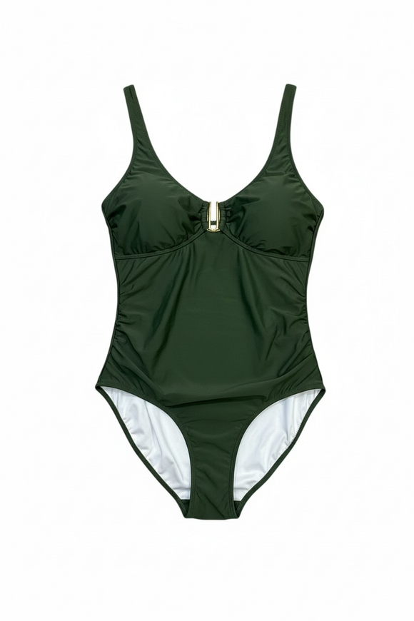 Traje de baño de una pieza color verde olivo con drapeado en abdomen y tirantes regulables