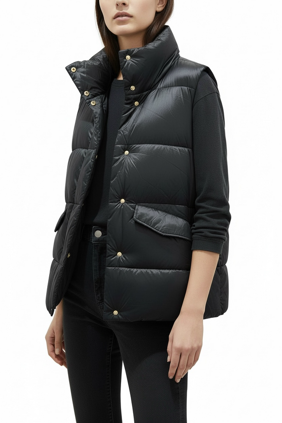Chaleco negro acolchado con cierre y botones en oro metálico