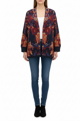 Suéter abierto tipo cardigan multicolor de tela gruesa y estampado abstracto azul y rojo - 0