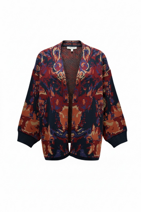 Suéter abierto tipo cardigan multicolor de tela gruesa y estampado abstracto azul y rojo