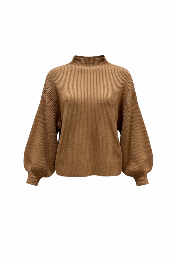 Blusa manga larga color camello, mangas abombadas y cuello alto