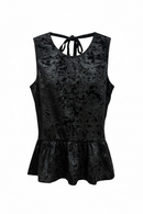 Blusa negra aterciopelada sin mangas y faldón en cintura-1