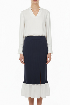 Falda azul marino entallado con Olán blanco - 0