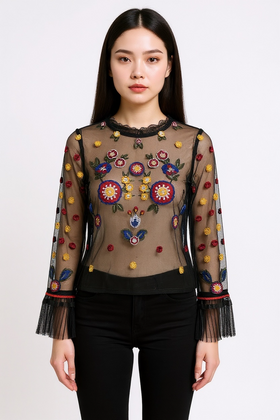 Blusa tul transparente con bordado en flor - 0