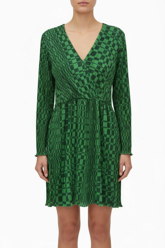 Vestido cuadro irregular verde, manga larga