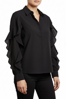 Blusa negra de vestir, manga larga con olanes-2