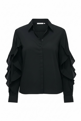Blusa negra de vestir, manga larga con olanes