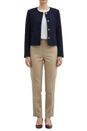 Abrigo azul de vestir con botón dorado al frente - 0