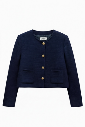 Abrigo azul de vestir con botón dorado al frente