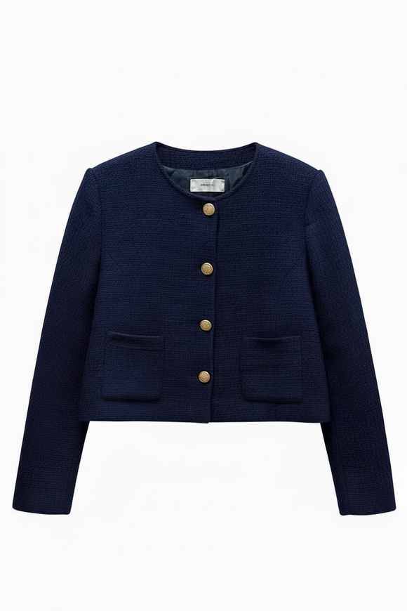 Abrigo azul de vestir con botón dorado al frente