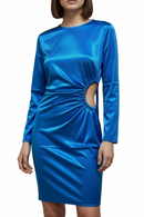 Vestido corto satinado azul, abertura circular en cintura-2