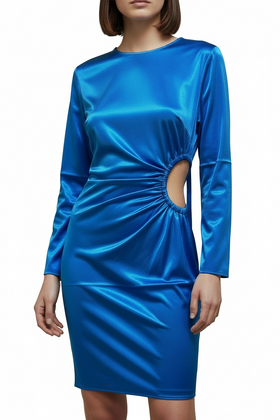 Vestido corto satinado azul, abertura circular en cintura - 0