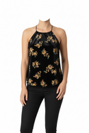 Blusa negra aterciopelada halter con estampado floral-2
