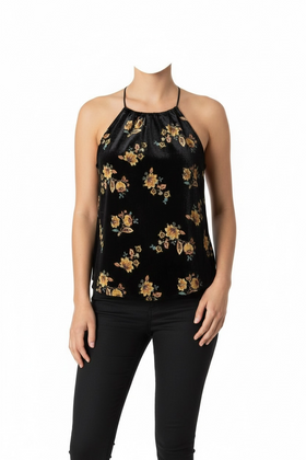 Blusa negra aterciopelada halter con estampado floral - 0