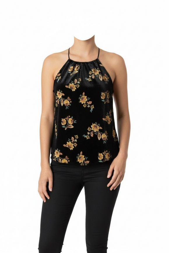 Blusa negra aterciopelada halter con estampado floral