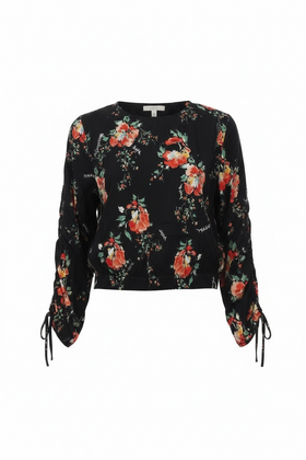 Blusa negra floral manga larga con cintas