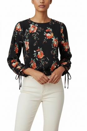 Blusa negra floral manga larga con cintas - 0