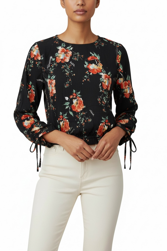Blusa negra floral manga larga con cintas