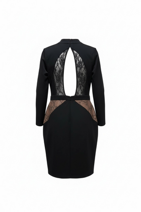 Vestido manga larga negro elegante con encaje en espalda - 0