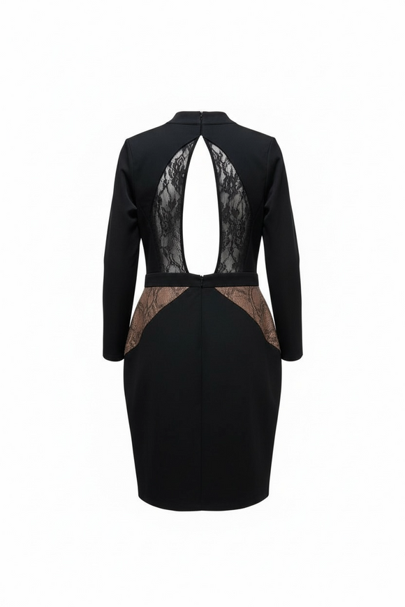 Vestido manga larga negro elegante con encaje en espalda