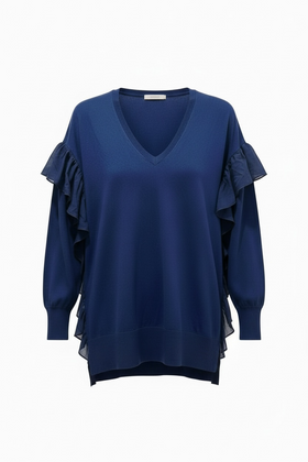 Blusa tipo suéter azul con olanes a los costados