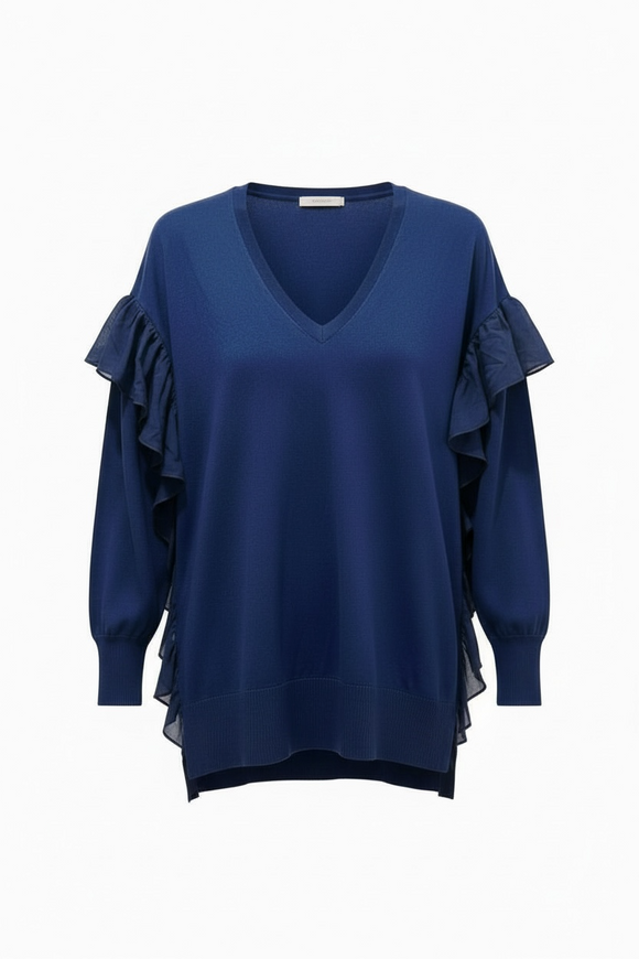 Blusa tipo suéter azul con olanes a los costados