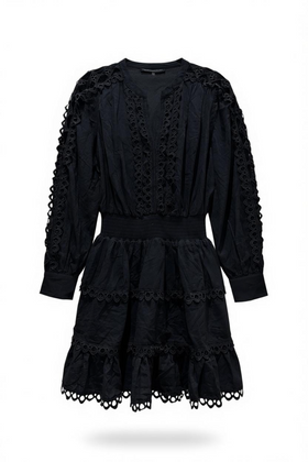 Vestido negro manga larga con encaje grueso, cuello V