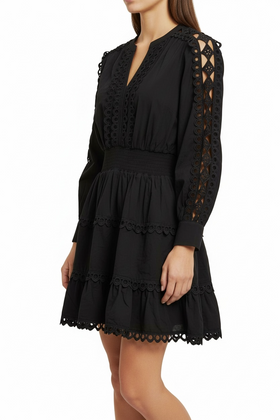 Vestido negro manga larga con encaje grueso, cuello V - 0