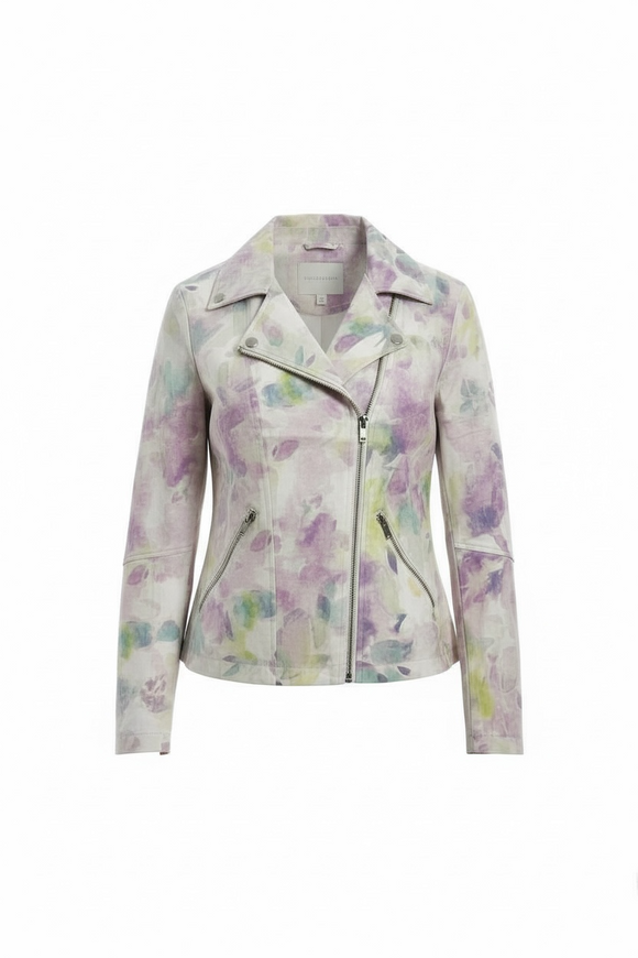 Chaqueta multicolor blanco y morado con cierres al frente