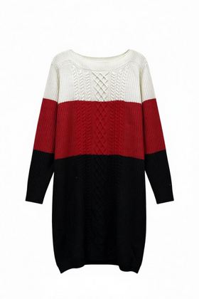 Vestido tipo suéter tricolor manga larga, a rayas