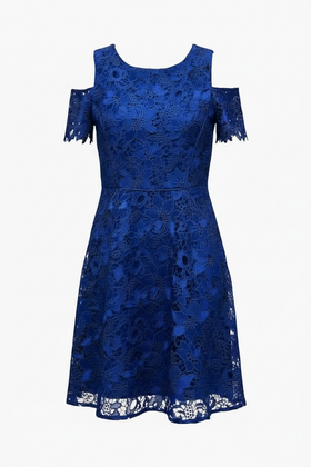 Vestido azul de fiesta, con encaje bordado, doble manga