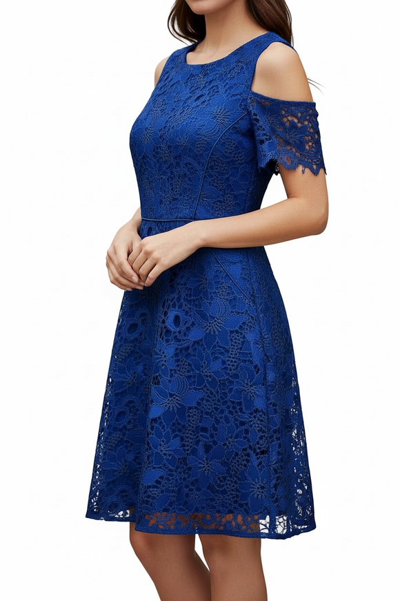 Vestido azul de fiesta, con encaje bordado, doble manga