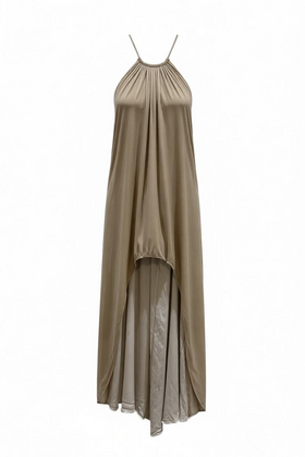 Vestido halter beige aterciopelado corto frontal con cola