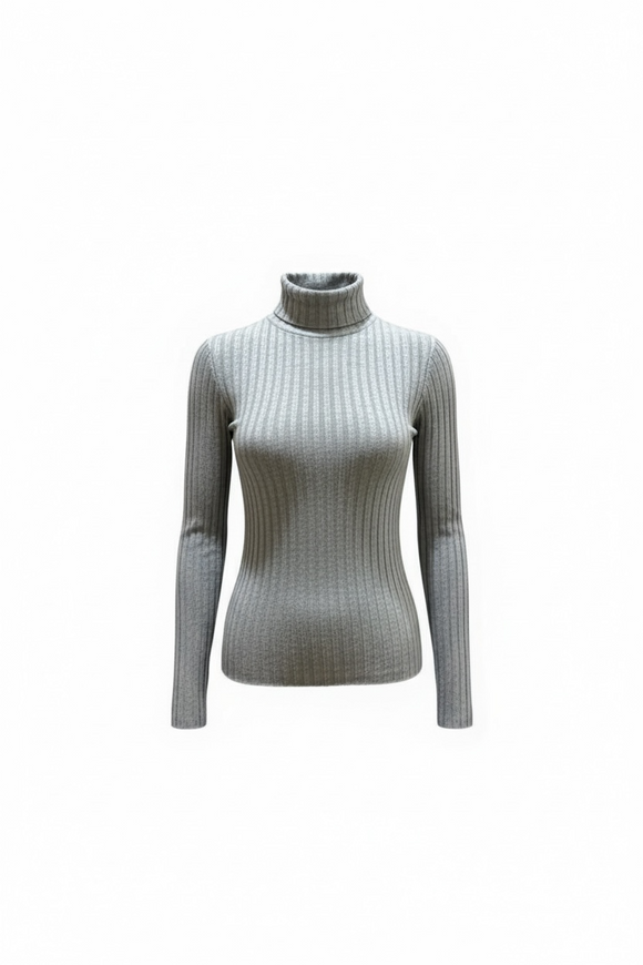 Blusa gris ajustada elástica, manga larga y cuello de tortuga