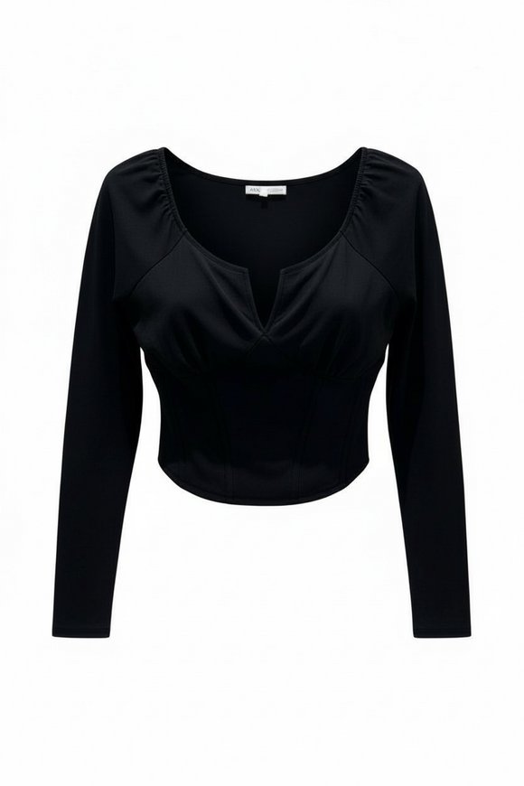 Blusa negra de ombliguera, manga larga y varillas