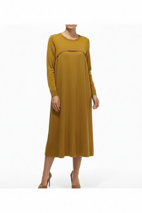 Vestido color mostaza de punto en manga con tableado - 0