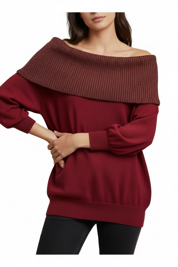 Blusón tinto manga larga y cuello con doblez brillante