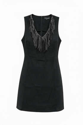 Vestido gamuzado negro con tiras con punto metálico al frente