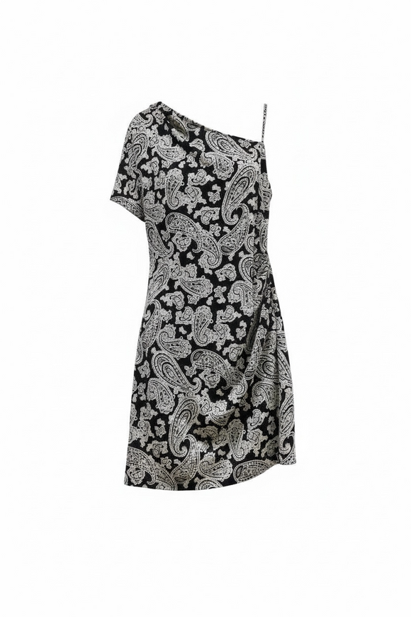 Vestido negro con patrón “Paisley” en blanco, manga asimétrica