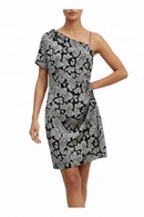 Vestido negro con patrón “Paisley” en blanco, manga asimétrica-2