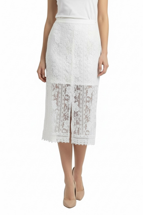 Falda midi blanca de encaje floral y abertura al frente - 0