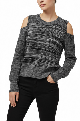 Blusa negra raya tipo suéter con hombro descubierto y manga larga - 0