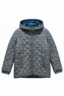 Chamarra acolchada gris Oxford, con fondo azul y cierres al frente con capucha.-1