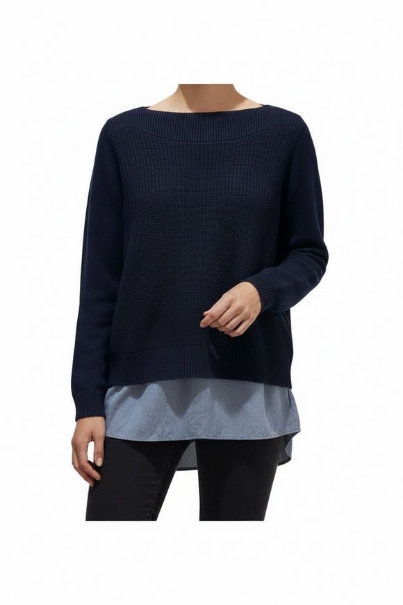 Blusa tipo suéter de punto navy con ilusión de blusa debajo
