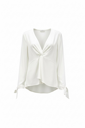 Blusa blanca manga larga, de vestir con nudo al frente y listones en manga