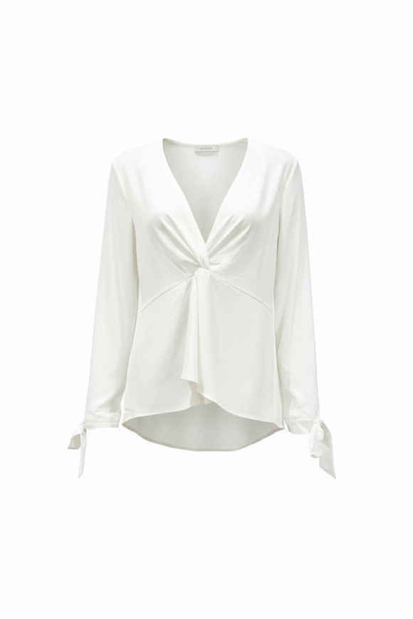 Blusa blanca manga larga, de vestir con nudo al frente y listones en manga